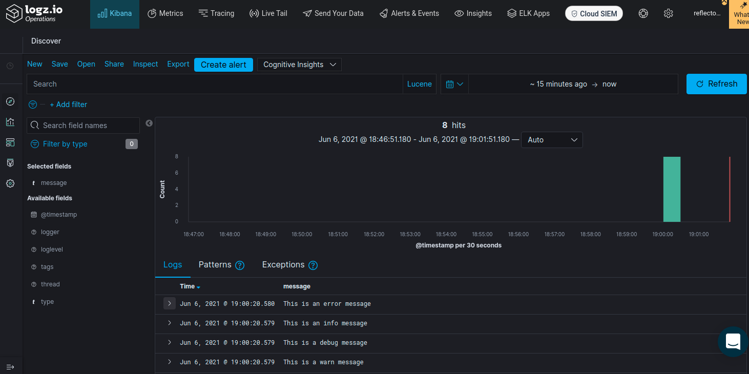 The Kibana view on logz.io