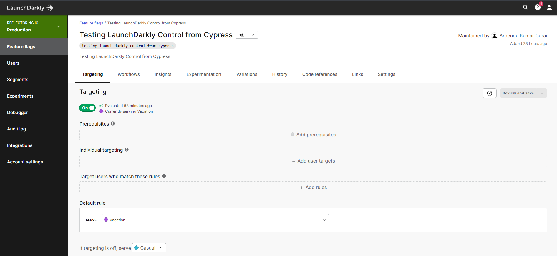 LaunchDarkly Targeting option